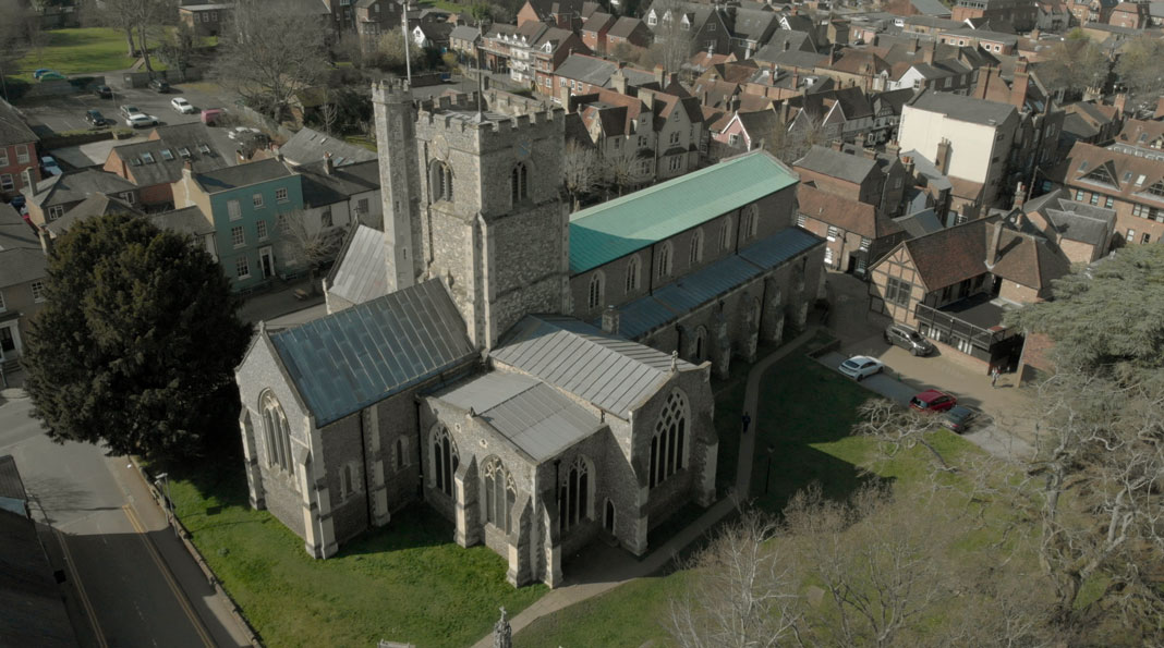 Aerial photo of a church on Berkhamsted highstreet