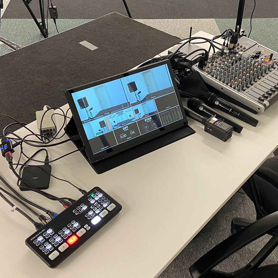 Live stream equipment set up on a desk